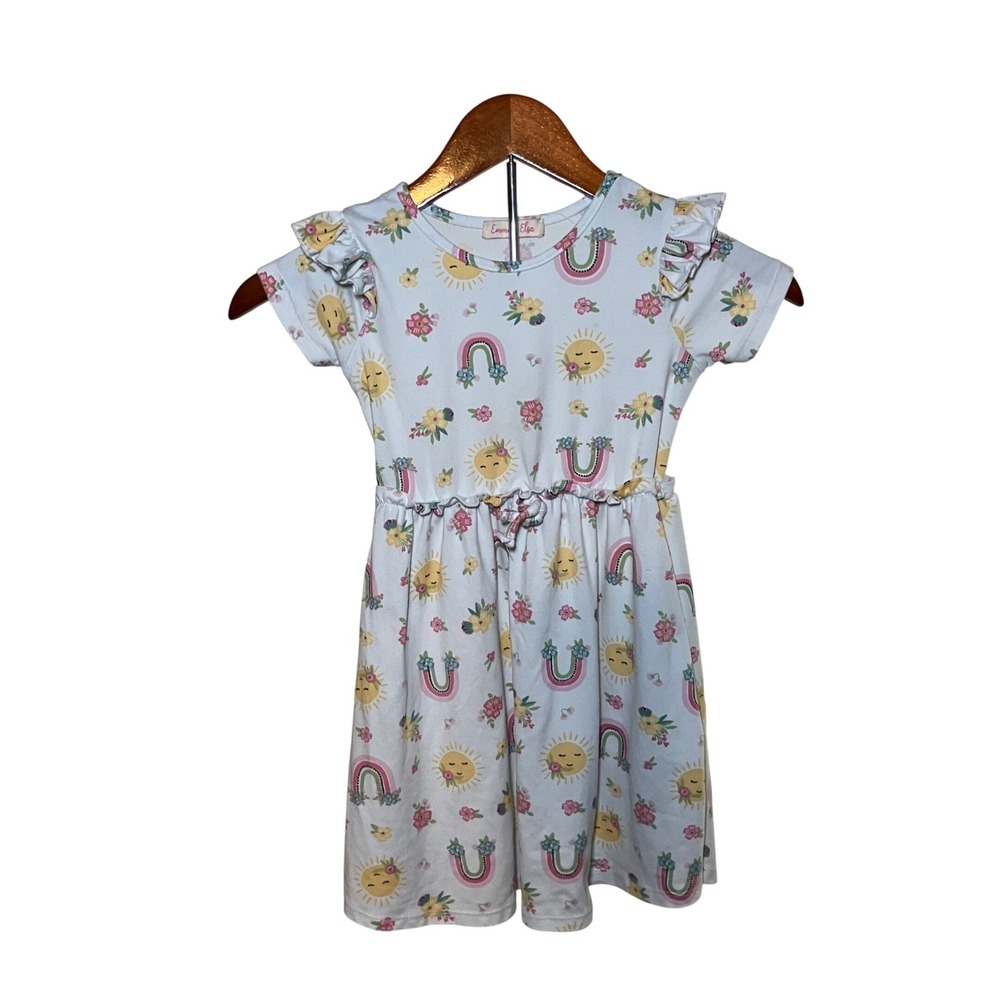 Emma & Elsa Girls Size 4T Rainbow Sun Floral Ruffle Sleeve Dress